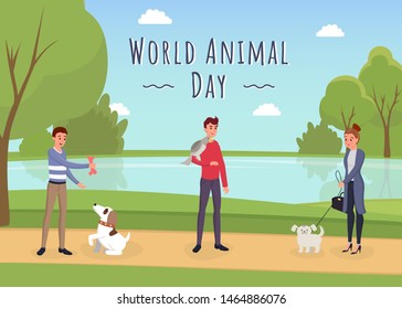World animal day vector banner template. Female cat lover, male dog owner playing with pets in park cartoon characters. Young man with parrot on shoulder, volunteer enjoying fresh air in countryside