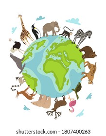 World Animal Day. Vector Earth Globe Planet And Wild Animal Around On White. Wildlife Sanctuary, Shelter Promotion. Worldwide Continent Fauna Saving From Extinction. World Environment Day Illustration