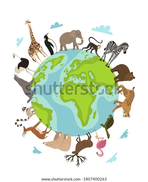 World animal day. Vector earth globe planet\
and wild animal around on white. Wildlife sanctuary, shelter\
promotion. Worldwide continent fauna saving from extinction. World\
environment day\
illustration