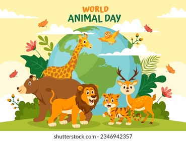 World Animal Day Vector Illustration with Various Animals or Wildlife for Habitat Protection and Forest in Flat Cartoon Background Templates