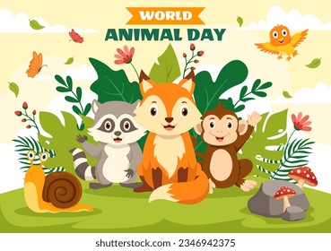 World Animal Day Vector Illustration with Various Animals or Wildlife for Habitat Protection and Forest in Flat Cartoon Background Templates