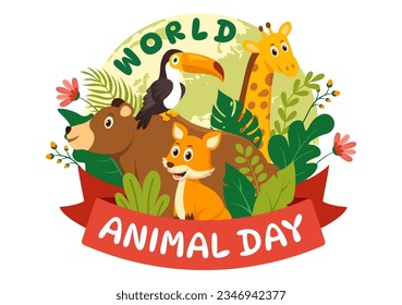 World Animal Day Vector Illustration with Various Animals or Wildlife for Habitat Protection and Forest in Flat Cartoon Background Templates