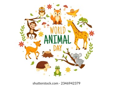 World Animal Day Vector Illustration with Various Animals or Wildlife for Habitat Protection and Forest in Flat Cartoon Background Templates