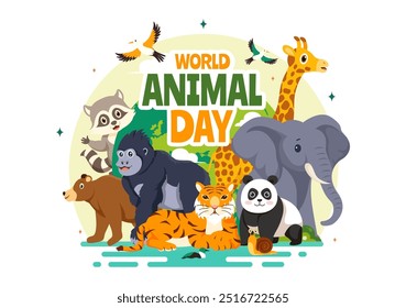 Dia Mundial dos Animais Ilustração Vetorial com uma Variedade de Animais ou Vida Selvagem no Habitat Natural para a Proteção Florestal e Consciência Ambiental