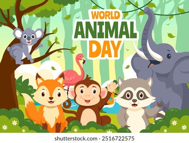 World Animal Day Vector Illustration with a Variety of Animals or Wildlife in the Natural Habitat to Forest Protection and Environmental Awareness