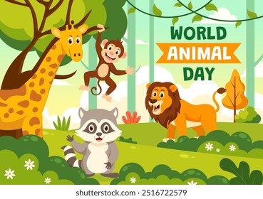 Dia Mundial dos Animais Ilustração Vetorial com uma Variedade de Animais ou Vida Selvagem no Habitat Natural para a Proteção Florestal e Consciência Ambiental