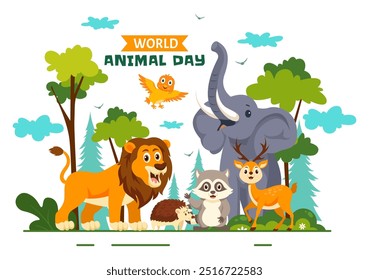 World Animal Day Vector Illustration with a Variety of Animals or Wildlife in the Natural Habitat to Forest Protection and Environmental Awareness