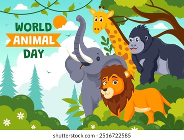 Dia Mundial dos Animais Ilustração Vetorial com uma Variedade de Animais ou Vida Selvagem no Habitat Natural para a Proteção Florestal e Consciência Ambiental