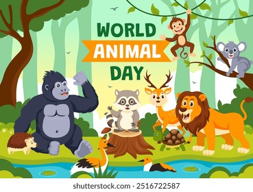 Dia Mundial dos Animais Ilustração Vetorial com uma Variedade de Animais ou Vida Selvagem no Habitat Natural para a Proteção Florestal e Consciência Ambiental