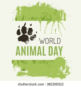 World animal day. Vector poster (banner or card template) with wolf footprint.