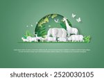 World Animal Day and world wildlife concept , with A green globe , lush green leaves and plants surround various white animals are shown, elephant, giraffe, rhinoceros, lion and morepaper-cut style