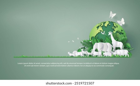 World Animal Day and world wildlife concept , with A green globe , lush green leaves and plants surround various white animals are shown, elephant, giraffe, rhinoceros, lion and more, paper-cut style