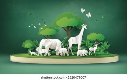 World Animal Day and world wildlife concept , with lush green leaves and plants surround various white animals are shown, including an elephant, giraffe, rhinoceros, lion and more,  a paper-cut style