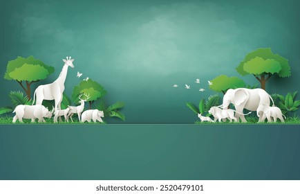 World Animal Day and world wildlife concept , with lush green leaves and plants surround various white animals are shown, including an elephant, giraffe, rhinoceros, lion and more,  a paper-cut style