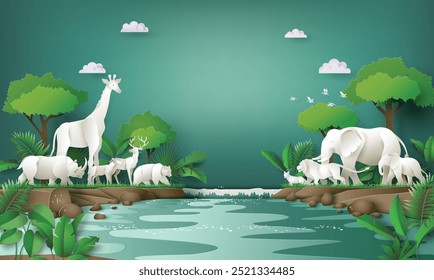 World Animal Day and world wildlife concept , with lush green leaves and plants surround various white animals , including an elephant, giraffe, rhinoceros, lion and more,  a paper-cut style