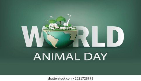 World Animal Day and world wildlife concept , with lush green leaves and plants surround various white animals , including an elephant, giraffe, rhinoceros, lion and more,  a paper-cut style