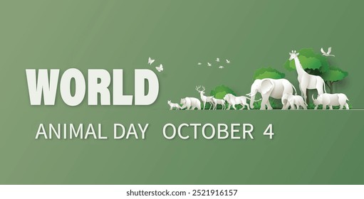 World Animal Day and world wildlife concept , with tree surround various white animals , including an elephant, giraffe, rhinoceros, lion and more,  a paper-cut style