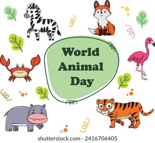 World Animal Day, Wildlife Day. Cute animals Flat Vector Illustration