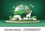 World Animal Day and world wildlife  with a green globe , lush green leaves and plants surround various white animals are shown, elephant, giraffe, rhinoceros, lion and more,   paper cut style