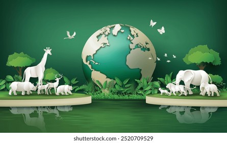 World Animal Day and world wildlife  with A green globe , lush green leaves and plants surround various white animals are shown, elephant, giraffe, rhinoceros, lion and more,   paper cut style