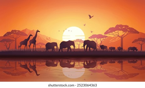 World Animal and world wildlife day with Majestic African wildlife, including giraffes and elephants, silhouetted against a vibrant sunset near a tranquil water reflection