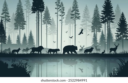 World Animal and world wildlife day with a peaceful scene showcasing animals in the wilderness, walking by a forest lake. The backdrop features towering trees,and a serene reflection in the water.