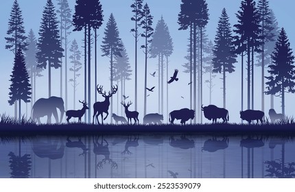 World Animal and world wildlife day with a peaceful scene showcasing animals in the wilderness, walking by a forest lake. 