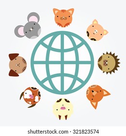 World animals, animal planet, global biosphere, cartoon style vector illustration