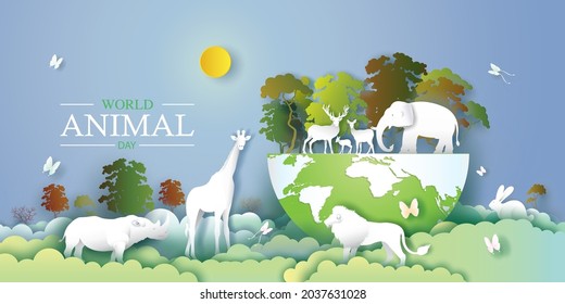 World Animals Day with deer, elephant, lion, giraffe, rabbit, rhinoceros and butterfly in forest, Paper art, paper cut and origami craft style. Vector illustration world environment wildlife day.