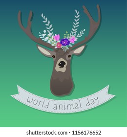World animals Day. International holiday. Cute deer wirh flowers. Vector illustration
