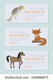 World animals day landing pages set. Saving domestic and wild animals, domesticated birds event.  Protecting nature, forest wildlife, exotic fauna, supporting pets website page design layout