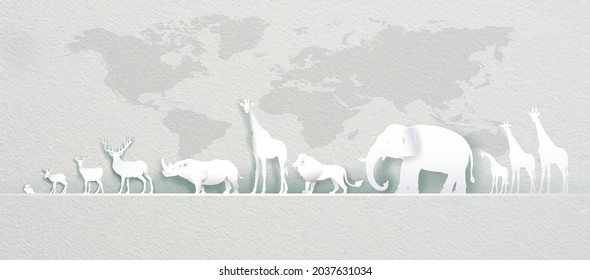 World Animals Day with world map deer, elephant, lion, giraffe, rabbit, rhinoceros in Paper art, paper cut and origami craft style. Illustration world animal wildlife day in paper texture.