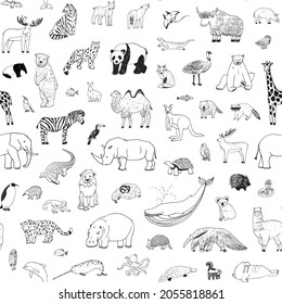 World animals vector line graphic seamless pattern