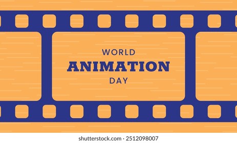 World Animation Day horizontal banner. October 28. Bright colors. Minimal holiday concept. Template for background, social media post, web banner, card, poster with text inscription. Film strip