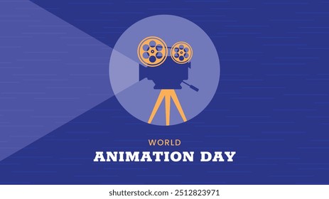 World Animation Day horizontal banner. October 28. Bright colors. Minimal holiday concept. Template for background, social media post, web banner, card, poster with text inscription. Camera, projector
