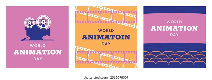World Animation Day square banners set. October 28. Bright colors. Minimal holiday concept. Template for background social media post, web banner, card poster with text inscription. Film camera cinema