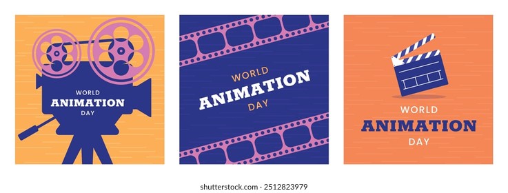 World Animation Day square banners set. October 28. Bright colors. Minimal holiday concept. Template for background social media post, web banner, card poster with text inscription. Film camera cinema