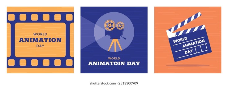 World Animation Day square banners set. October 28. Bright colors. Minimal holiday concept. Template for background social media post, web banner, card poster with text inscription. Film camera cinema