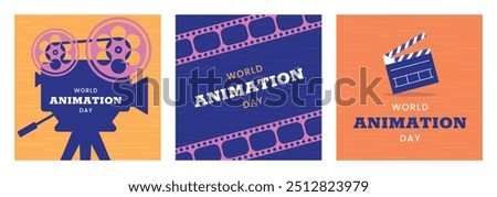 World Animation Day square banners set. October 28. Bright colors. Minimal holiday concept. Template for background social media post, web banner, card poster with text inscription. Film camera cinema