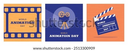 World Animation Day square banners set. October 28. Bright colors. Minimal holiday concept. Template for background social media post, web banner, card poster with text inscription. Film camera cinema