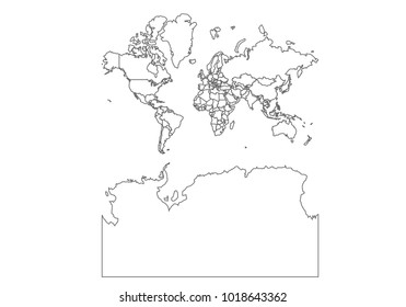 world With Antarctica map with country borders, thin black outline on white background. High detailed vector map with counties/regions/states - world With Antarctica. contour, shape, outline, on white