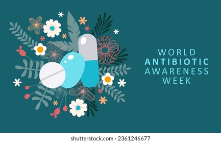 Semana Mundial de Sensibilización sobre los Antibióticos. Comprimidos, pastillas y flores de fondo. Antecedentes de atención de la salud