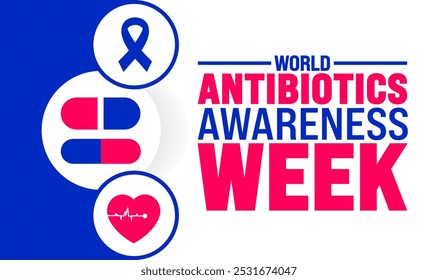 La Semana Mundial de Concienciación sobre los Antibióticos o la Plantilla de diseño de Anuncios se observan cada año en noviembre. Concepto de Festiva. Plantilla para tarjeta, cartel, cartel, Plantilla.