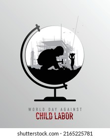 World Anti-Child Labor Day. The child is working with a hammer. The bricks are broken. Construction Silhouette Building. Paper cutout design on yellow background. The globe sphere of the earth. Vector