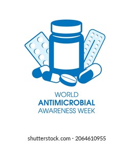 Vektor der Welt-Woche des antimikrobiellen Bewusstseins. Arzneimittelflasche, Tabletten und Kapseln, Vektor. Verschiedene verschiedene Arzneimittel sind Vektorgrafik einzeln auf weißem Hintergrund. Wichtiger Tag