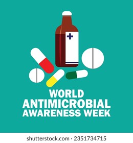 World Antimicrobial Awareness Week. Vector illustration with pills and bottle. Suitable for greeting card, poster and banner