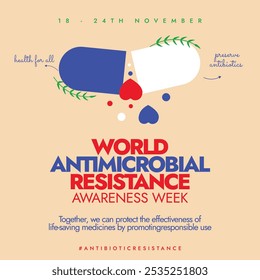 Semana Mundial de Sensibilização para a Resistência Antimicrobiana 18-24 novembro Antimicrobial semana conceitual banner com cápsula semiaberta e corações saindo. O foco da semana é mudar o estilo de vida para evitar isso.