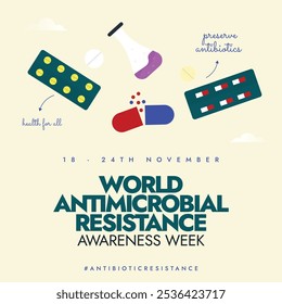 World Antimicrobial Resistance Awareness Woche November.18-24 November antimikrobielle Woche konzeptuelles Banner mit Medizin Pillen, Kapsel in zwei Hälften, chemische Flasche mit Flüssigkeit. Die Woche konzentriert sich auf Gesundheit.