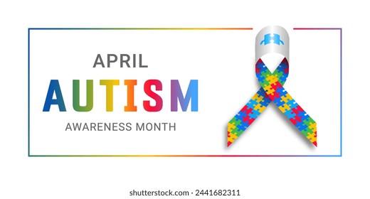 World April Autism Awareness Month. World Awareness Day card. Puzzle 3d ribbon illustration, 