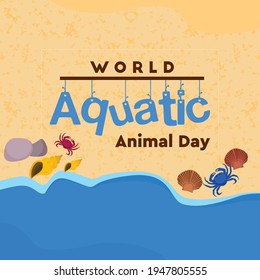 World Aquatic Animal Day Poster Design With Illustration Of Animals With Beach And Water. Trendy Poster 